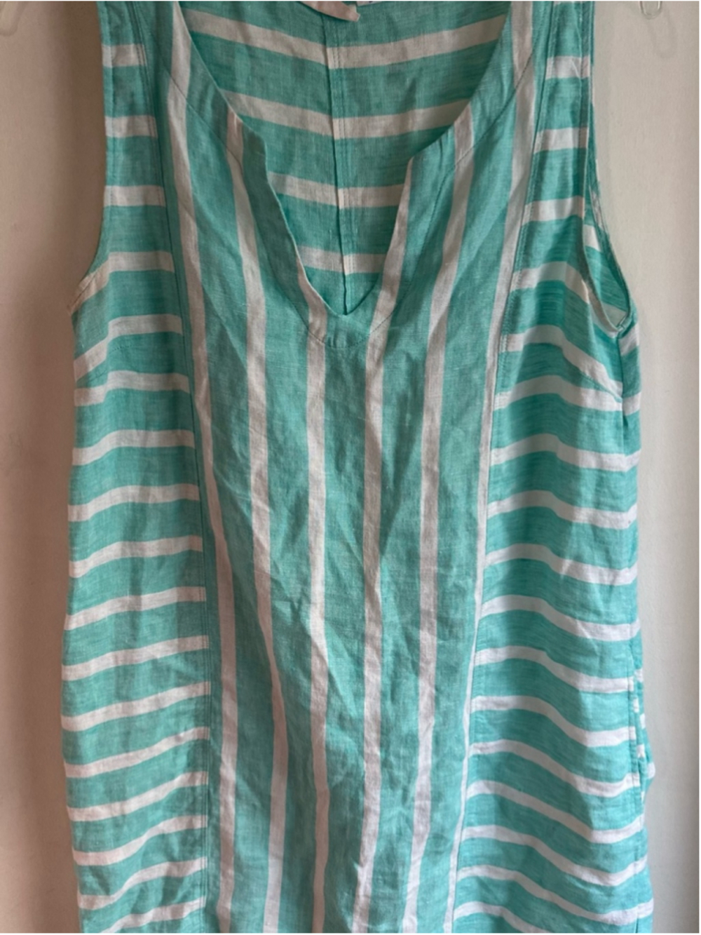 Sigrid Olsen Dress Women S 100% Linen Aqua White Stripe Sleeveless V Neck Shift